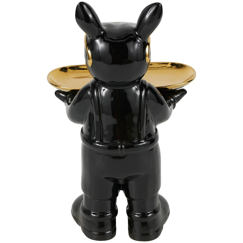 11.75" Black Ceramic Bulldog Sculpture with Golden Platter Décor