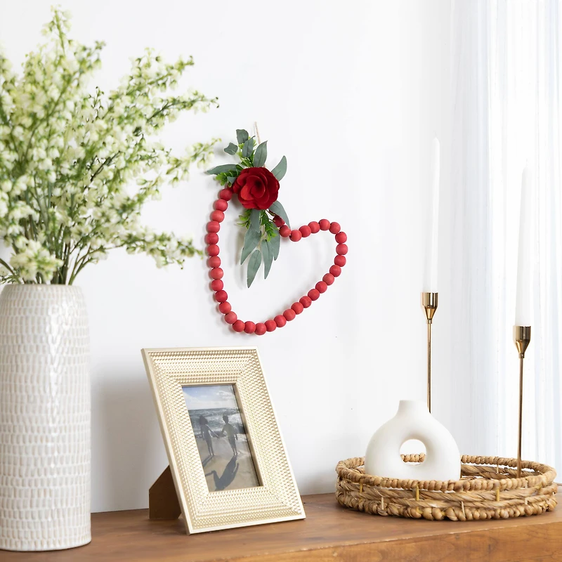 10.25" Red Wooden Beads with Rose Valentine's Day Heart Wall Decoration