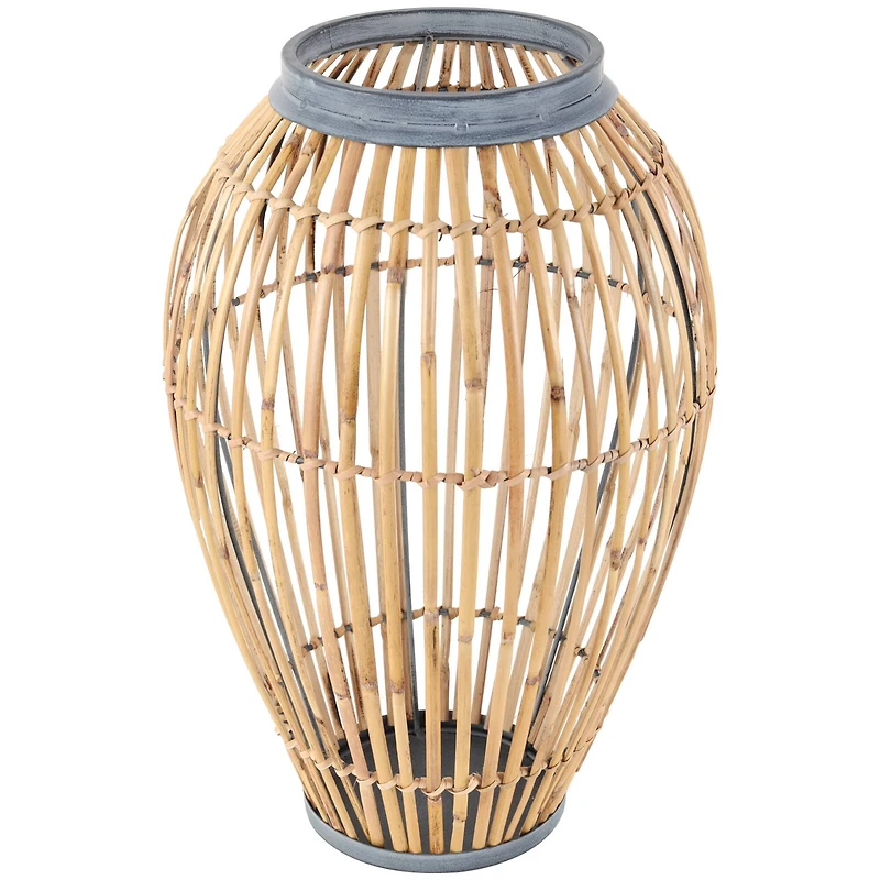 16" Brown Bamboo Handmade Open Frame Vase with Blue Metal Accents