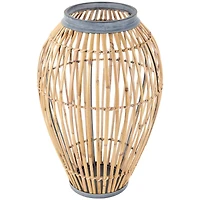 16" Brown Bamboo Handmade Open Frame Vase with Blue Metal Accents