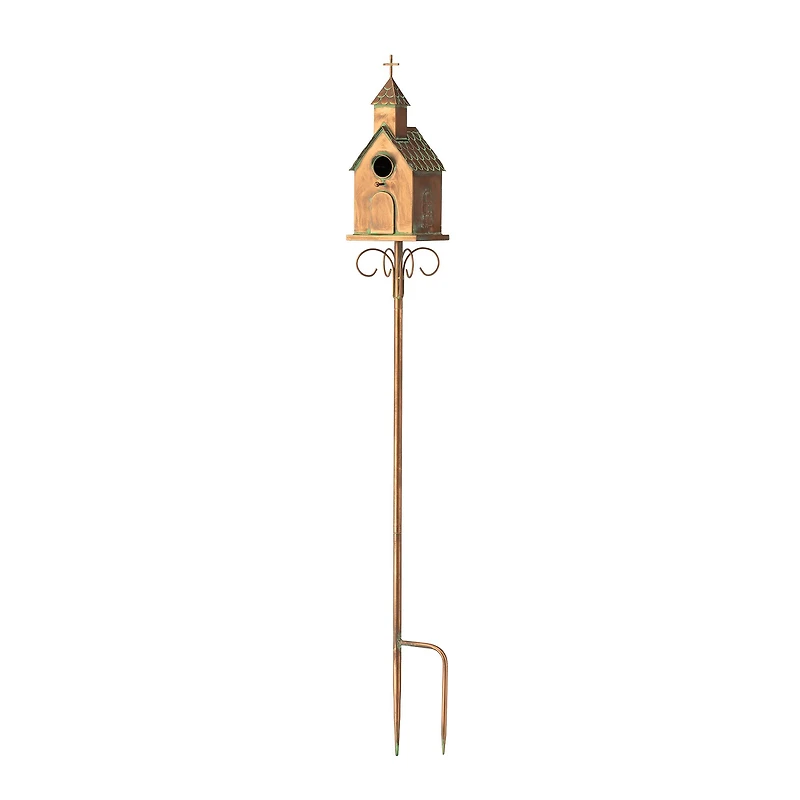 Glitzhome® 4ft. Faux Copper Distressed Metal Church Birdhouse with Stake