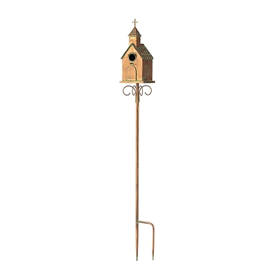 Glitzhome® 4ft. Faux Copper Distressed Metal Church Birdhouse with Stake