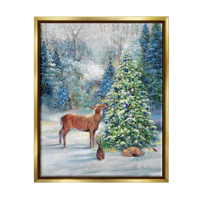 Stupell Industries Winter Woodland Animals Tree Framed Floater Canvas Wall Art