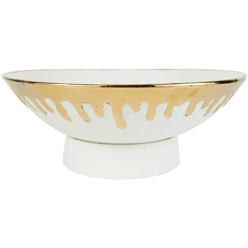 CosmoLiving by Cosmopolitan 15.5" Abstract White with Gold Melting Drips Ceramic Decorative Bowl