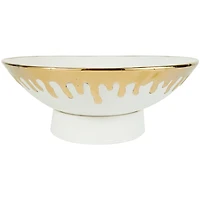CosmoLiving by Cosmopolitan 15.5" Abstract White with Gold Melting Drips Ceramic Decorative Bowl