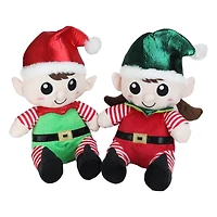 13" Red Plush Sitting Boy & Girl Christmas Elf Figure Set
