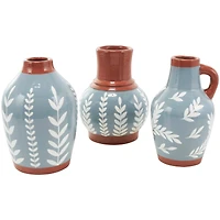 9" Blue Ceramic Floral Vase with Terracotta & White Detailing Set