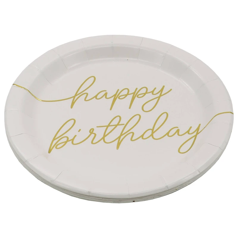 12 Packs: 8 ct. (96 total) 7" White & Gold Happy Birthday Snack Plates by Celebrate It™