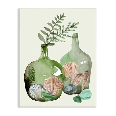 Stupell Industries Fern Foliage in Green Glass Jugs Nautical Seashells Wall Plaque