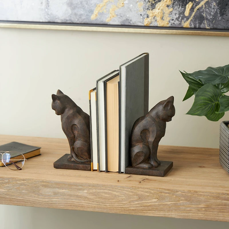 7.75" Dark Brown Cat Frowning Bookend Set with Copper Accents