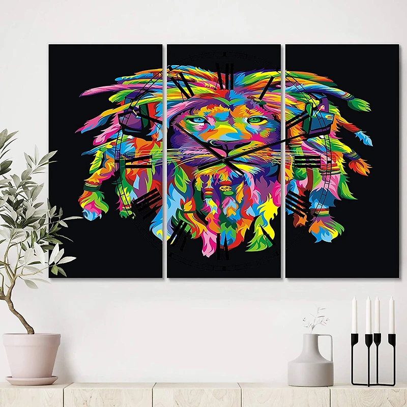 Designart Lion Rasta Oversized Modern 3 Panel Wall Clock