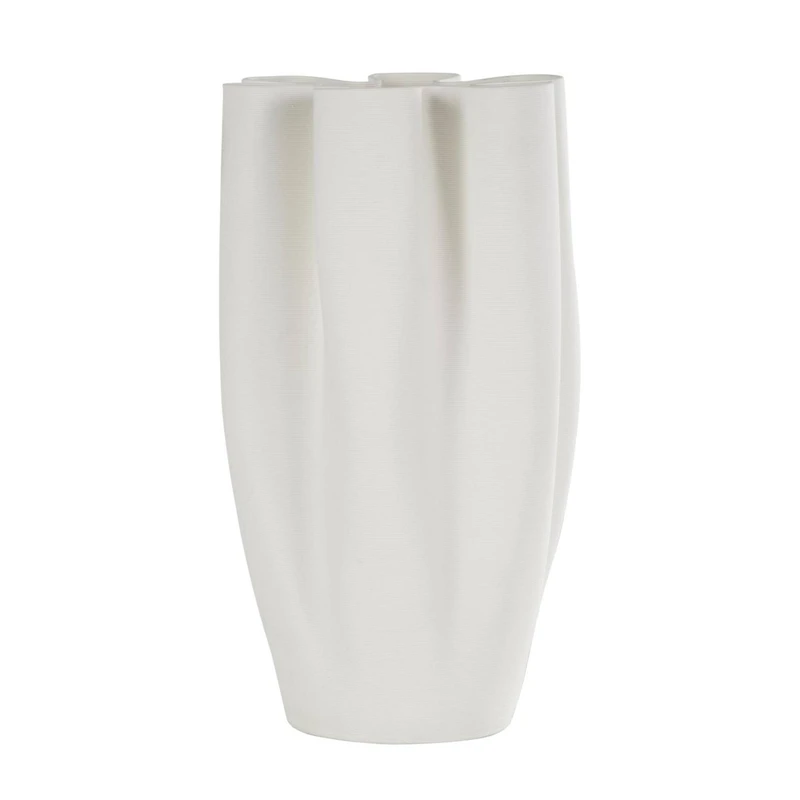 White Ceramic Abstract Ribbed Dimensional Folded Vase with Floral Shaped Rim