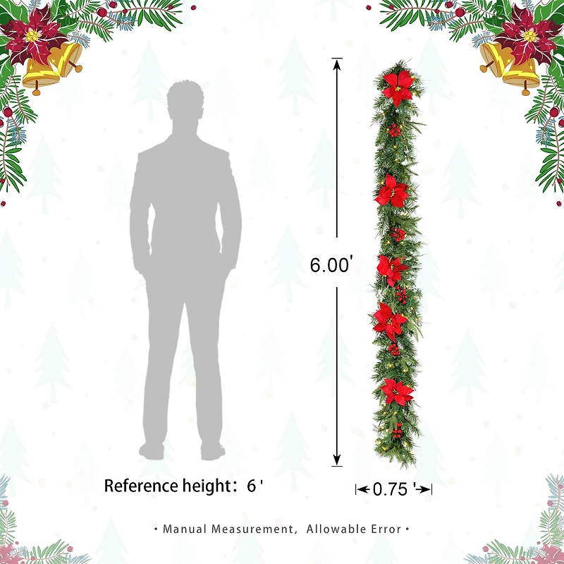 Glitzhome® 6ft. Pre-Lit Pine, Red Poinsettia & Berries Christmas Garlands with Timers, 2ct.
