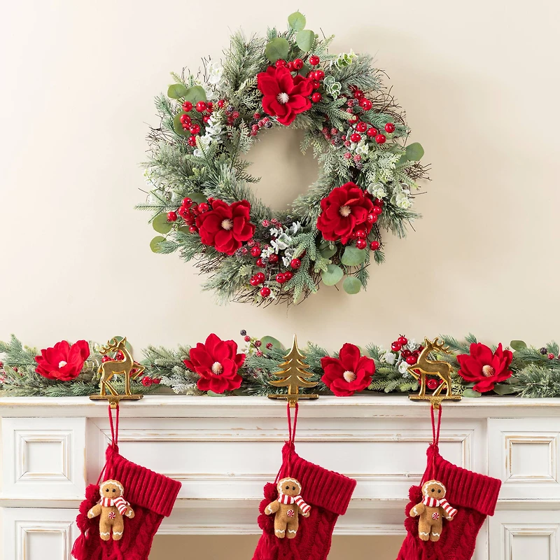 Glitzhome® 6FT Christmas Red Mangnolia & Berry Garland