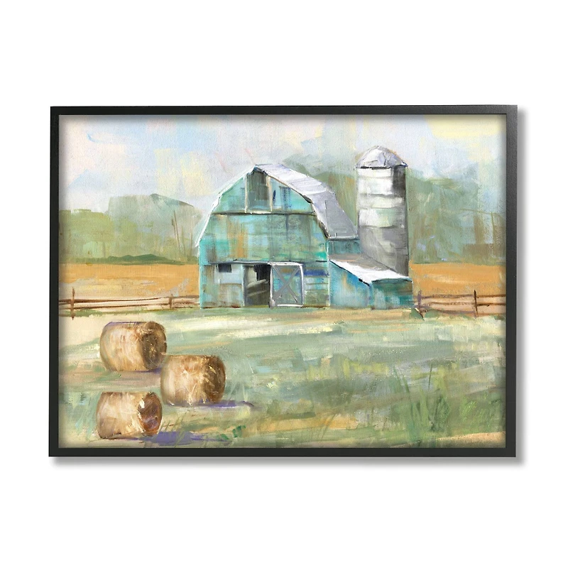 Stupell Industries Contemporary Blue Farm Barn Hay Bails Empty Field Framed Wall Art