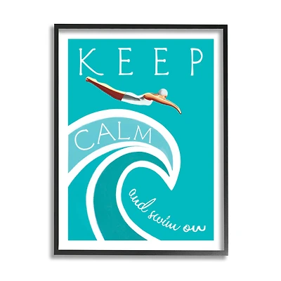 Stupell Industries Keep Calm Swim On Phrase Female Diver Blue Wave in Frame Wall Art