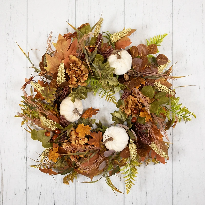 26" White Pumpkins & Leaves Fall Harvest Wreath