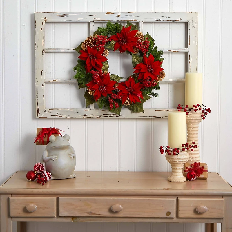 24" Poinsettia, Berry and Golden Pinecone Artificial Wreath