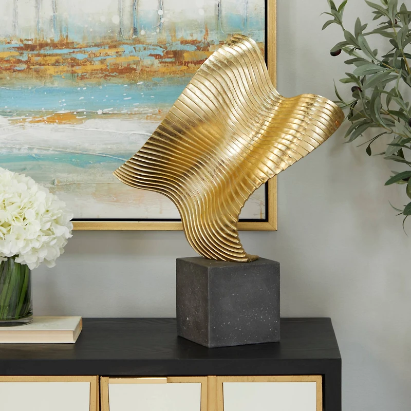 22" Gold Polystone Wave Abstract Sculpture with Black Base