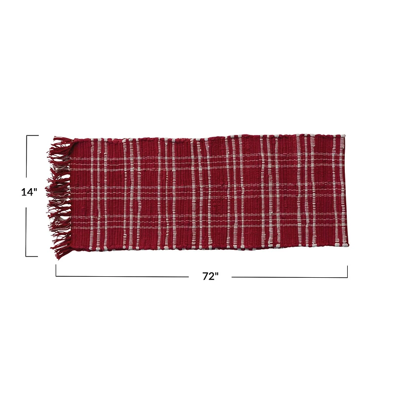 Hello Honey® 72" Red & White Plaid Hand-Woven Cotton Chindi Table Runner with Fringe