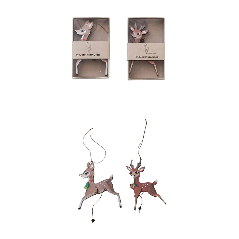 Hello Honey® 2 Pack 5.5" Brown Deer Wood & Recycled Paper Pull Ornaments