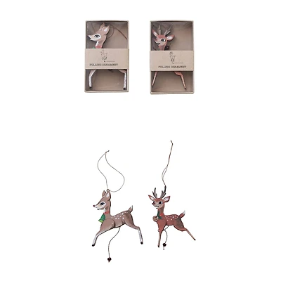 Hello Honey® 2 Pack 5.5" Brown Deer Wood & Recycled Paper Pull Ornaments