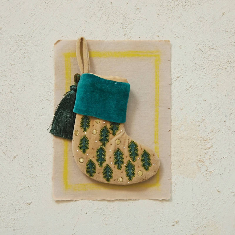 Hello Honey® 7" Green Leaf & Tassel Cotton Velvet Stocking Ornament