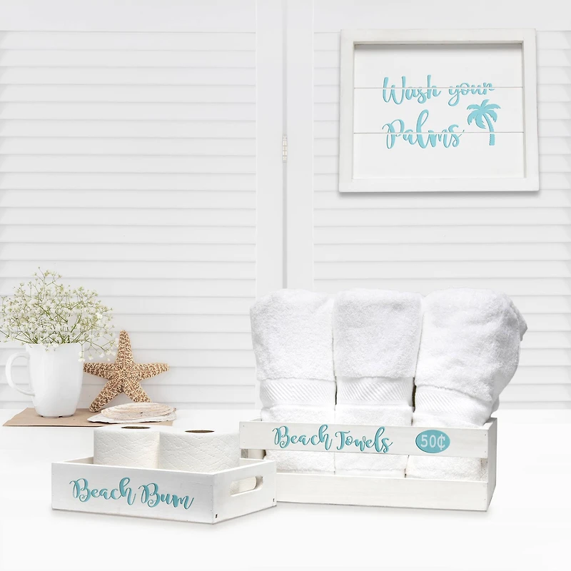 Elegant Designs Small White Wash Coastal Towel Holder, Frame & Toilet Paper Holder Set