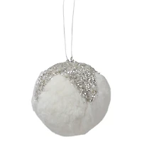 4.25" White And Silver Faux Fur Ball Ornament