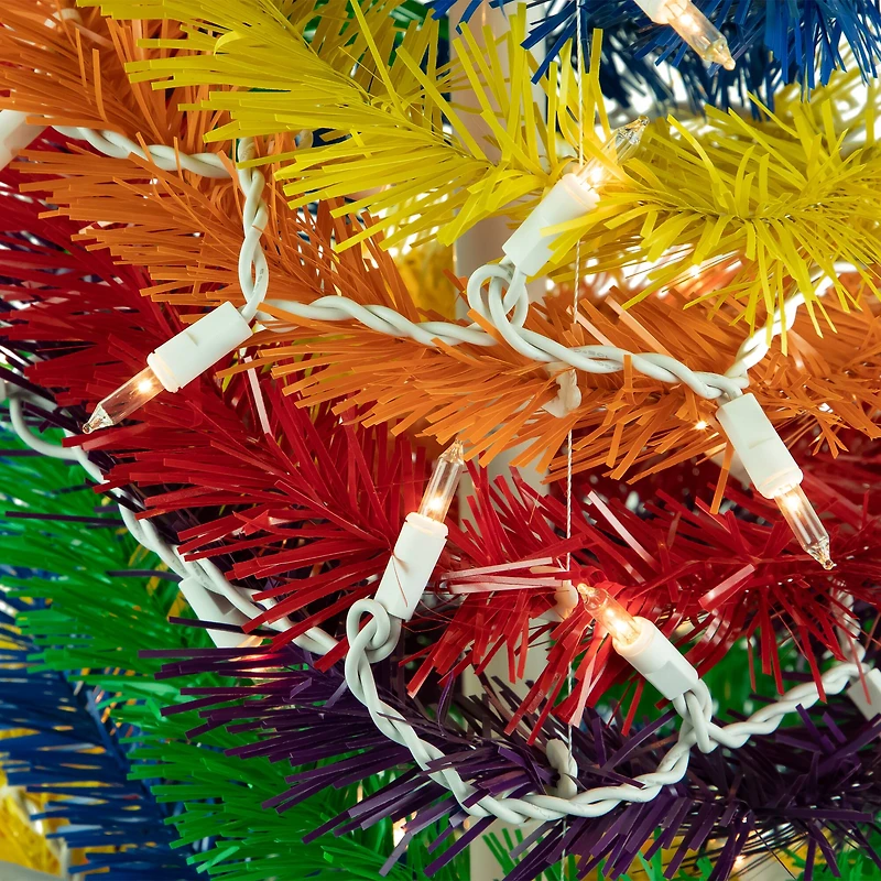 4ft. Pre-Lit Rainbow Tinsel Pop-Up Artificial Christmas Tree, Clear Lights