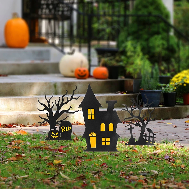 Glitzhome® 2ft. Halloween Metal Silhouette Haunted House and Ghost Tree Yard Stake Set