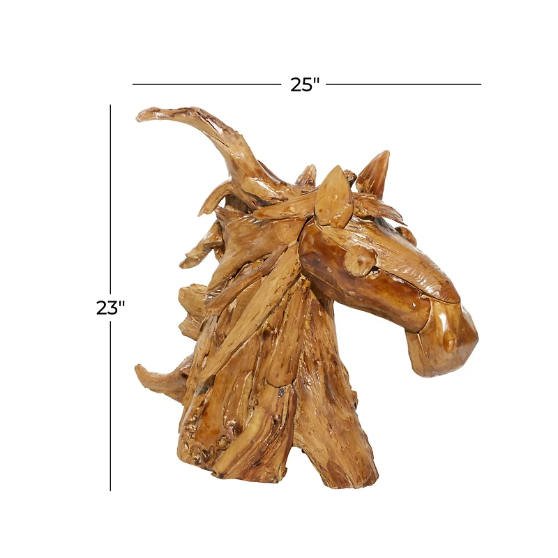 Brown Teak Wood Natural Horse Sculpture 23" x 25" x 10"