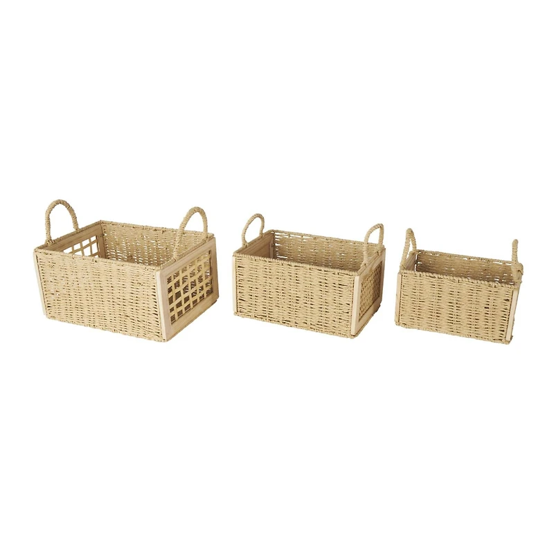 Brown Rattan Woven Decorative Storage Basket with Rope Handles, 3ct.