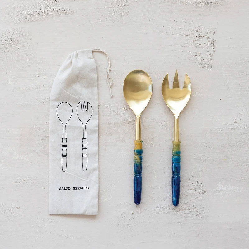 Hello Honey 2-Piece Stainless Steel Salad Servers with Marbled Resin Handles, Gold Finish and Blue