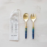Hello Honey 2-Piece Stainless Steel Salad Servers with Marbled Resin Handles, Gold Finish and Blue