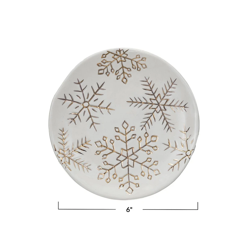 Hello Honey® 6" White Stoneware Plate with Gold Electroplated Snowflakes