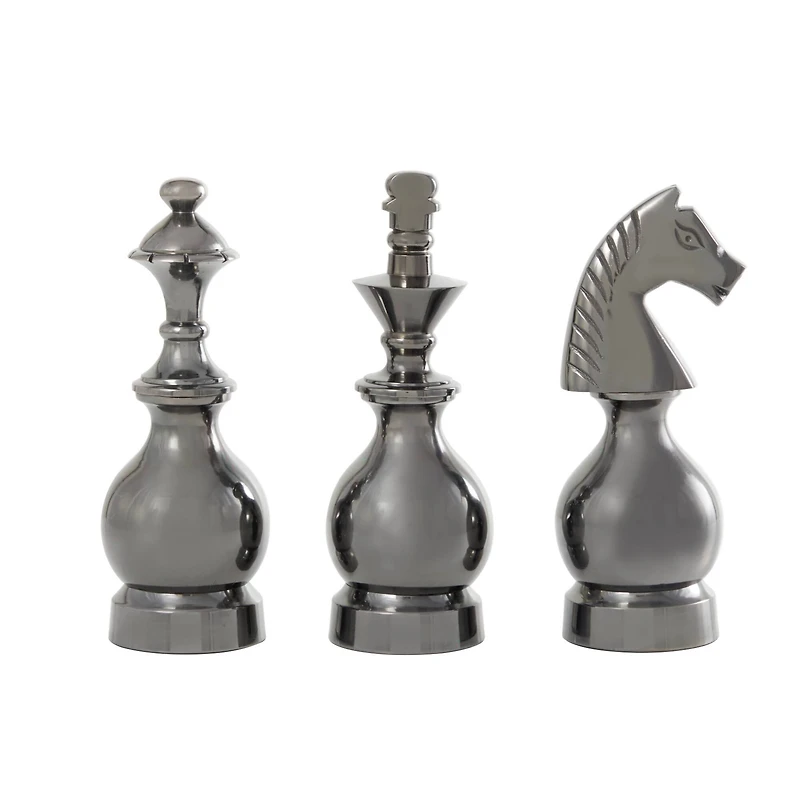Gray Aluminum King, Knight and Bishop Chess Sculpture Set