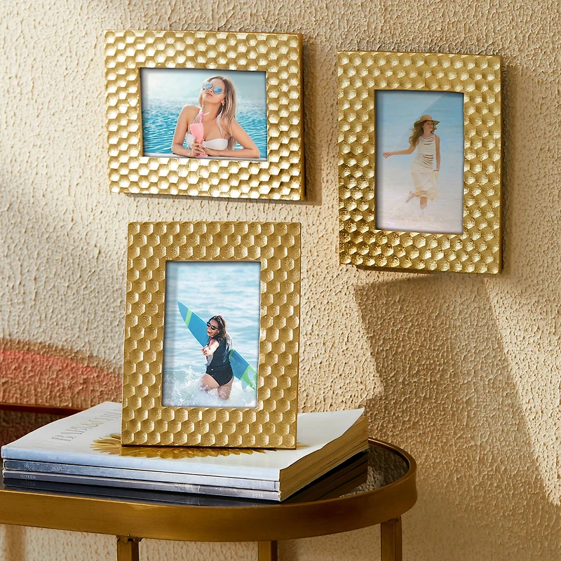 Glitzhome® 3 Pack 4" x 6" Gold Honeycomb Resin Tabletop Picture Frames