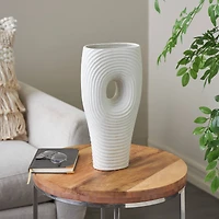 16" White Speckled Ceramic Ribbed Cutout Vase
