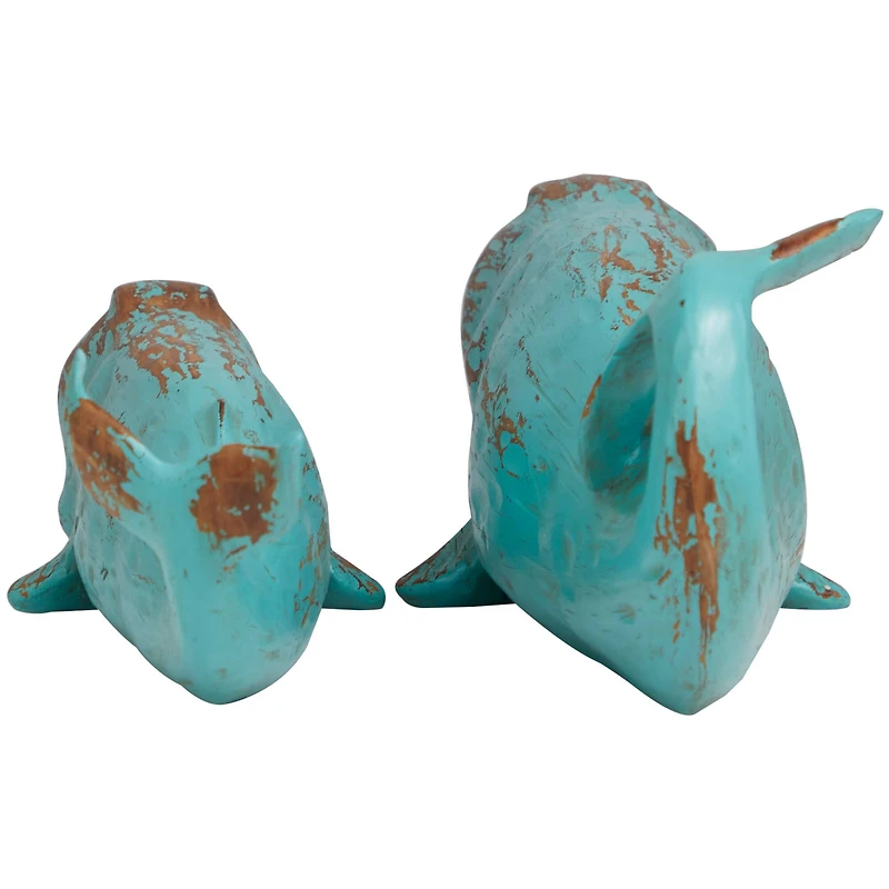 Teal Polystone Distressed Whale Sculpture Set