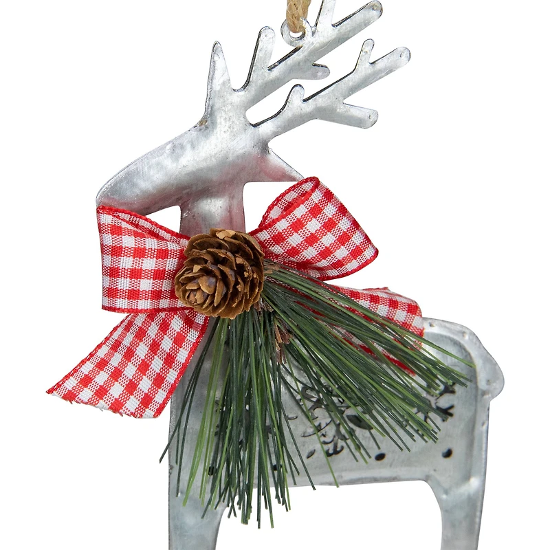 6.25" Silver Metal Reindeer Christmas Ornament With Gingham Bowtie & Pine