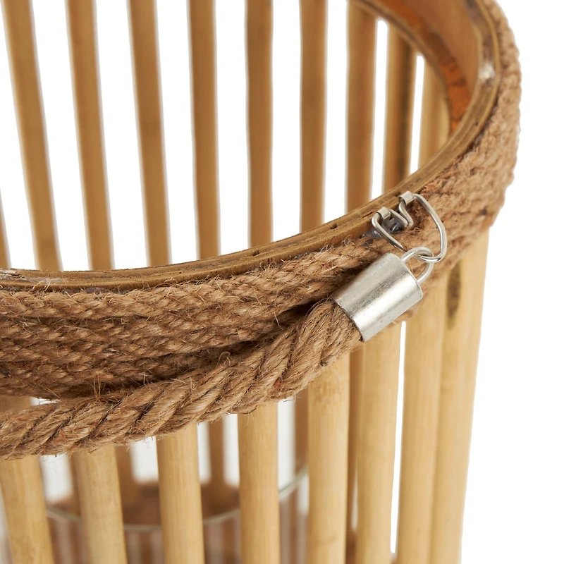13" Brown Bamboo Handmade Open Framed Caged Candle Lantern with Rope Handle