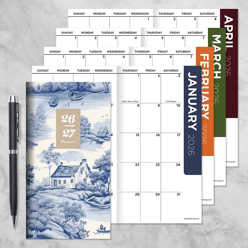2026-2027 Blue Toile Small Monthly Pocket Planner