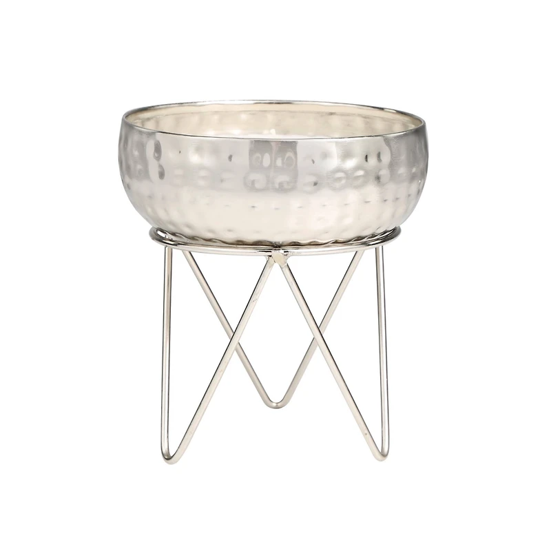 White Wax Campfire Scented Candle with Hammered Silver Container and Tripod Stand