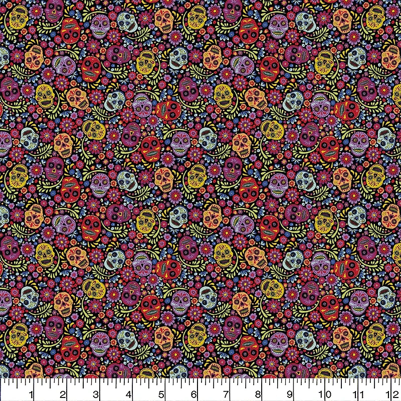 Camelot Fabrics Black Sugar Skulls Cotton Precut Fabric