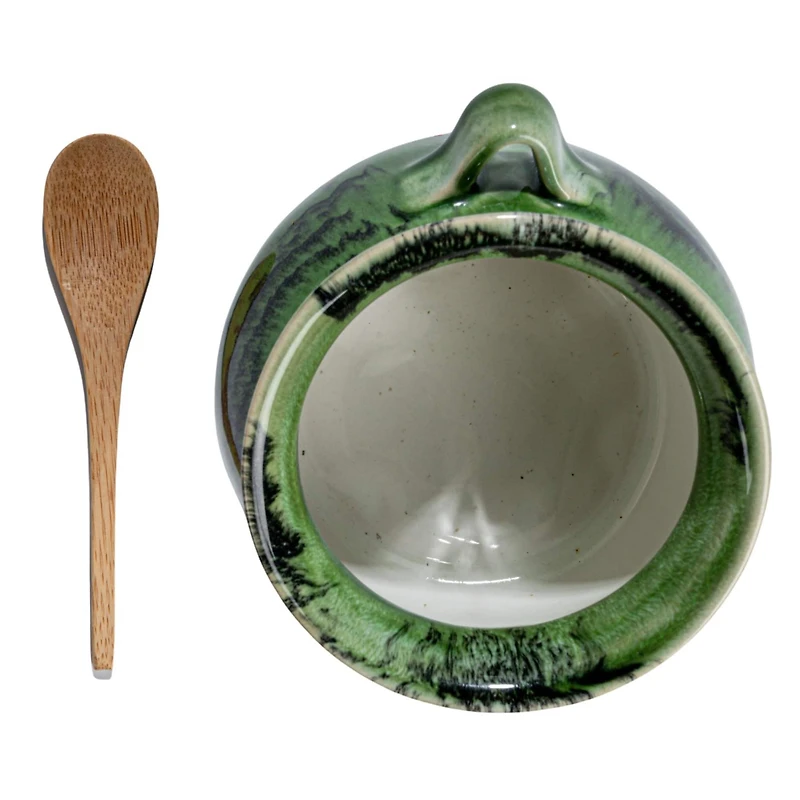 Hello Honey® 4" Green Stoneware Salt Dish with Acacia Wood Spoon