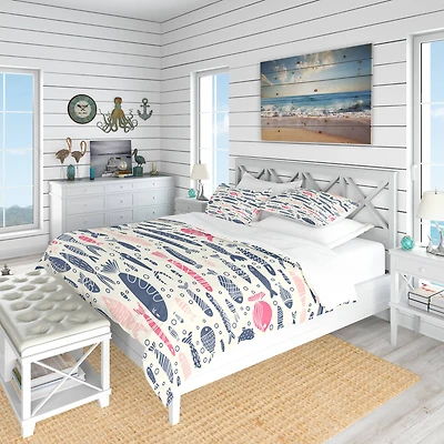 Designart 'Cute Fishes with Doodles' Nautical & Coastal Bedding Set