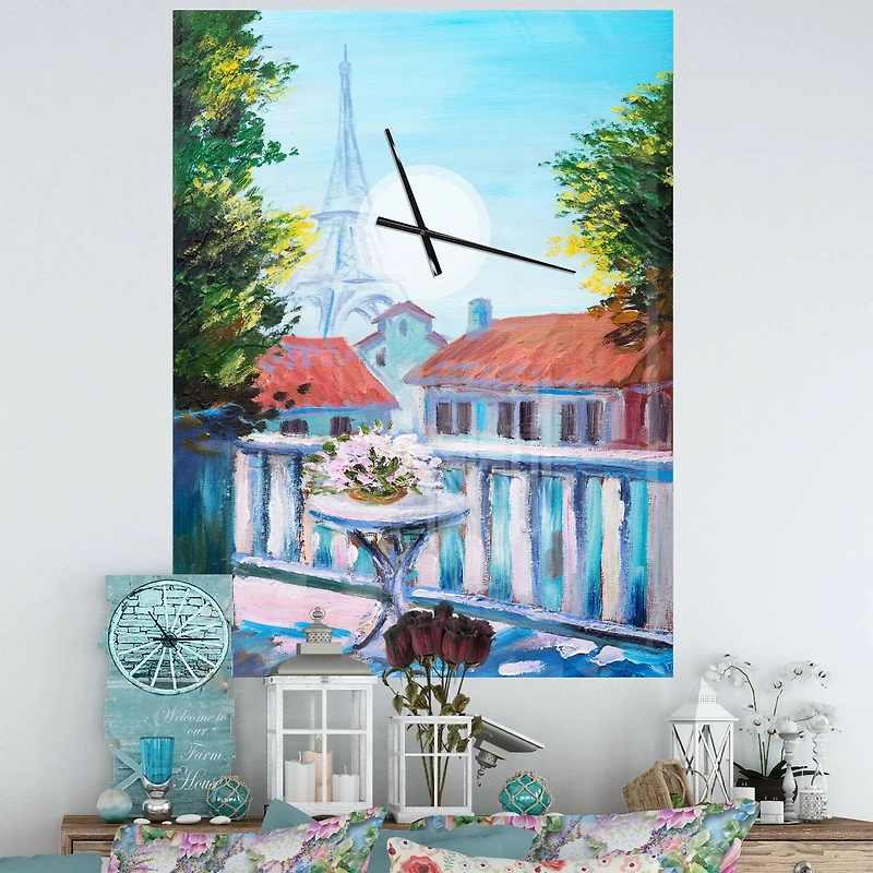 Designart 'Paris Eiffel Tower French Country Rectangular Wall Clock