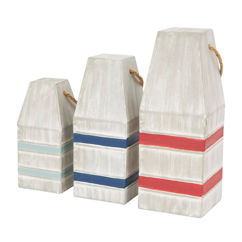 White Metal Striped Buoy Sculpture with Rope Handles Set