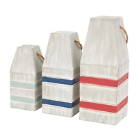 White Metal Striped Buoy Sculpture with Rope Handles Set